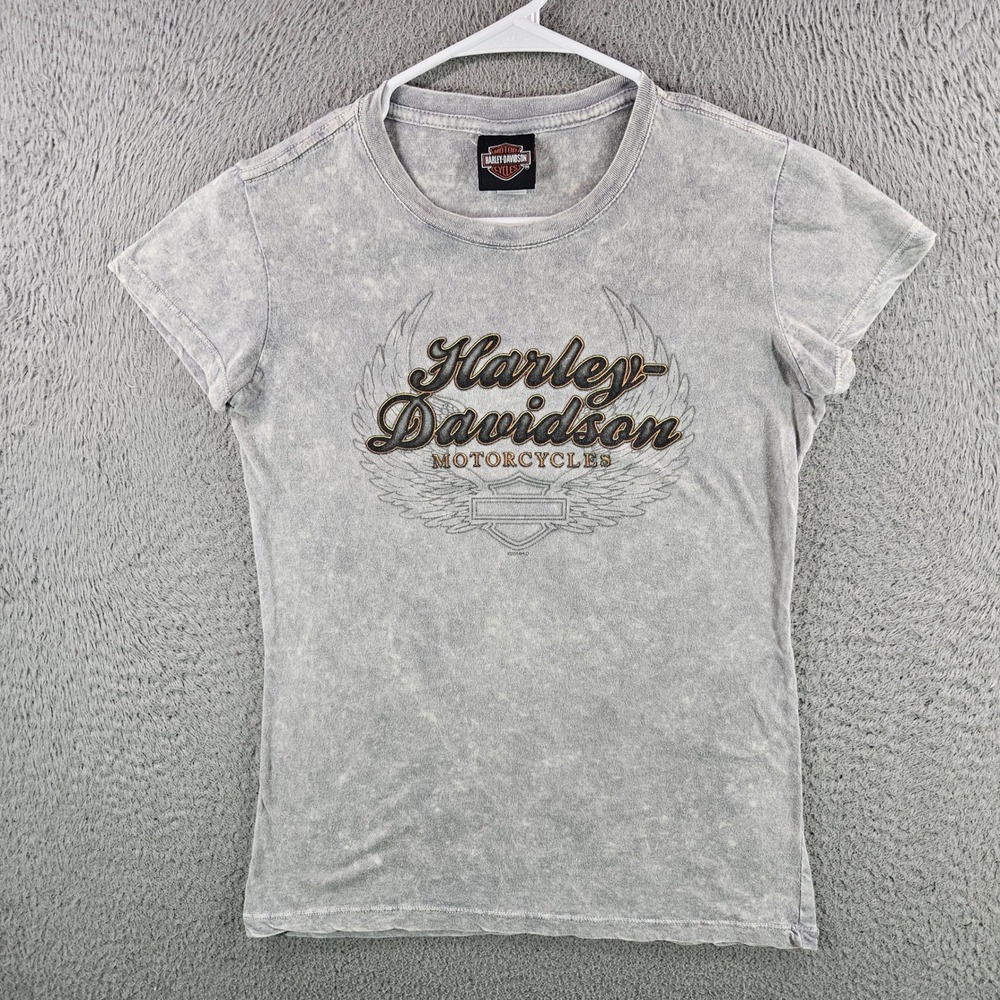Harley-Davidson Womens Grey Acid Wash Graphic T-Shirt Frontier Lincoln NE Medium